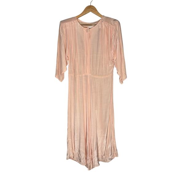 Vintage 80s Peach Midi Secretary Dress Womens 10 Pink Pleated Drop Waist Retro - Picture 1 of 5